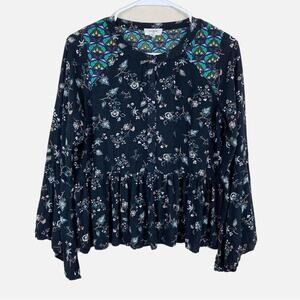 Umgee Mixed Print Floral Bell Sleeve Top Ruffle Hem Black Multi Womens Sz S Boho